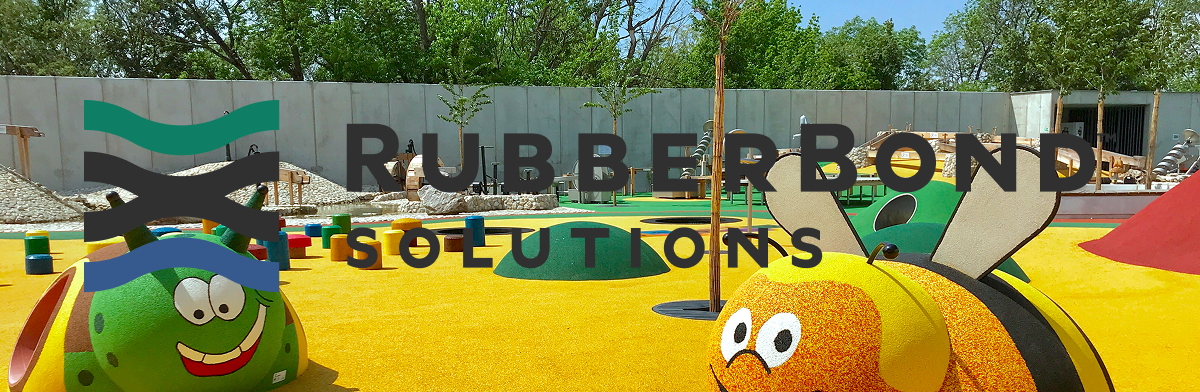 Outdoor playground with colorful animal-shaped play equipment and climbing structures, showcasing RubberBond Solutions’ expertise in rubber surfacing applications for playgrounds and commercial spaces. Logo overlaid in the foreground.