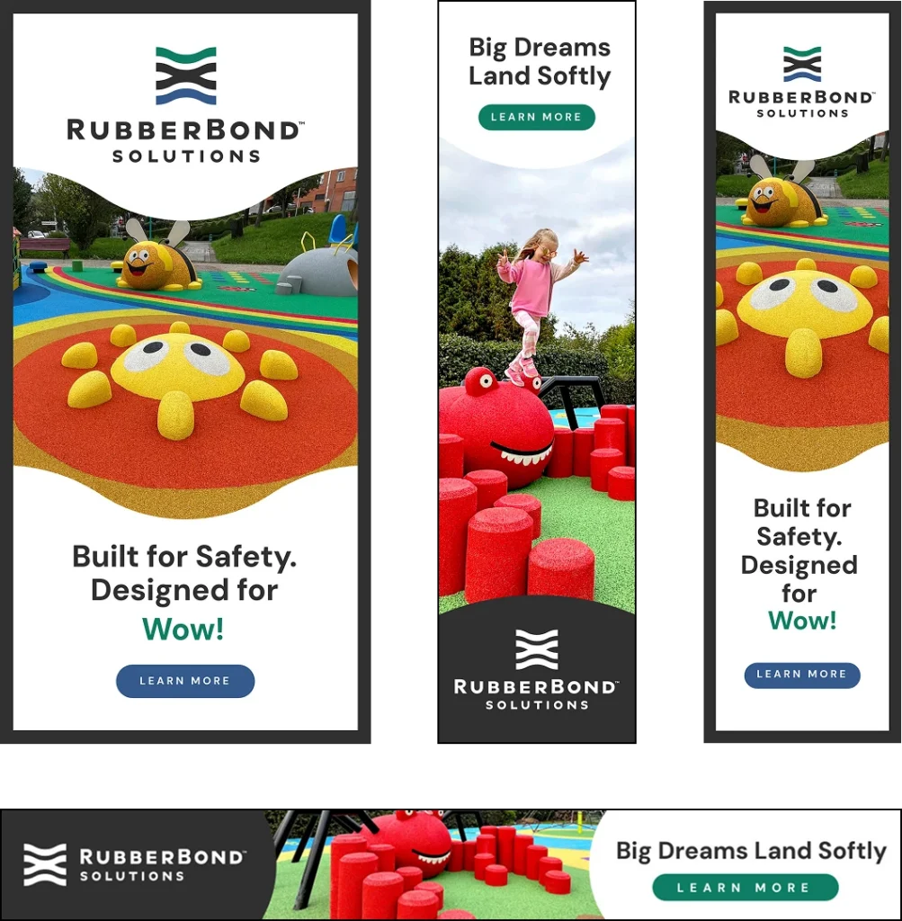 RubberBond Solutions playground equipment features children playing on vibrant, rubber-surfaced structures—showcasing safe design and innovative rubber surfacing applications for playgrounds and commercial spaces.
