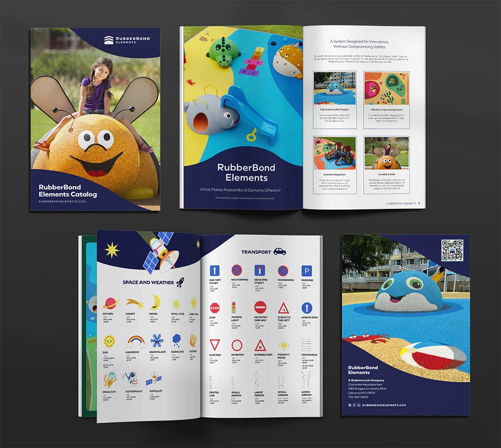 A catalog displaying playground rubber elements, including colorful equipment, product details, icons, and images of children playing on soft surfaces, highlights rubber surfacing applications for playgrounds and commercial spaces.